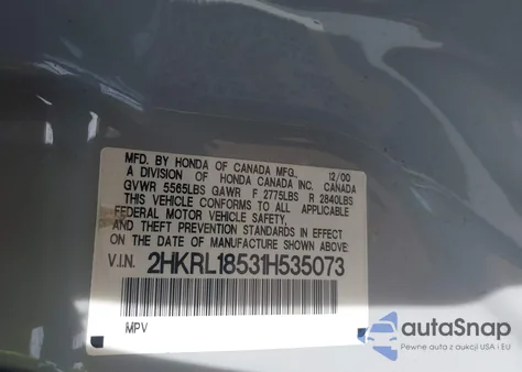 2001 Honda Odyssey z USA, uszkodzony, nr VIN 2HKPL18531H535073